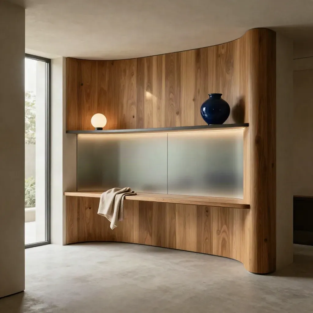 Timber alcove with brushed glass glow, pale concrete floor, and soft lamp light.