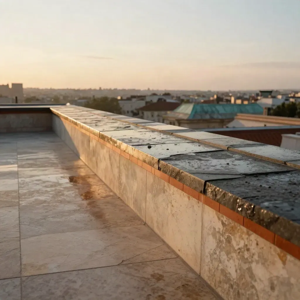Wet stone rooftop terrace at golden hour above distant city rooftops, with calm copy space below.