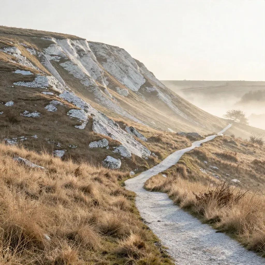 Chalk hillside at dawn with dry grass, a pale path, and mist lifting over the valley.