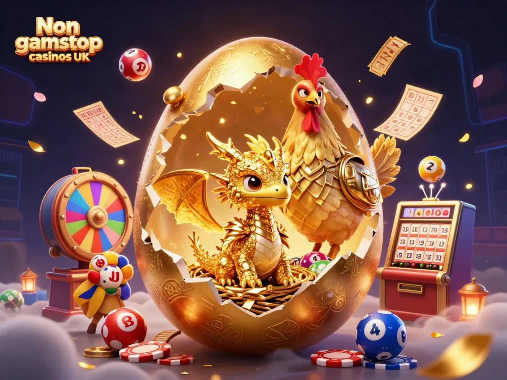 Experience the thrill of Non gamstop casinos UK with a golden dragon guarding poker chips and dynamic lottery balls.