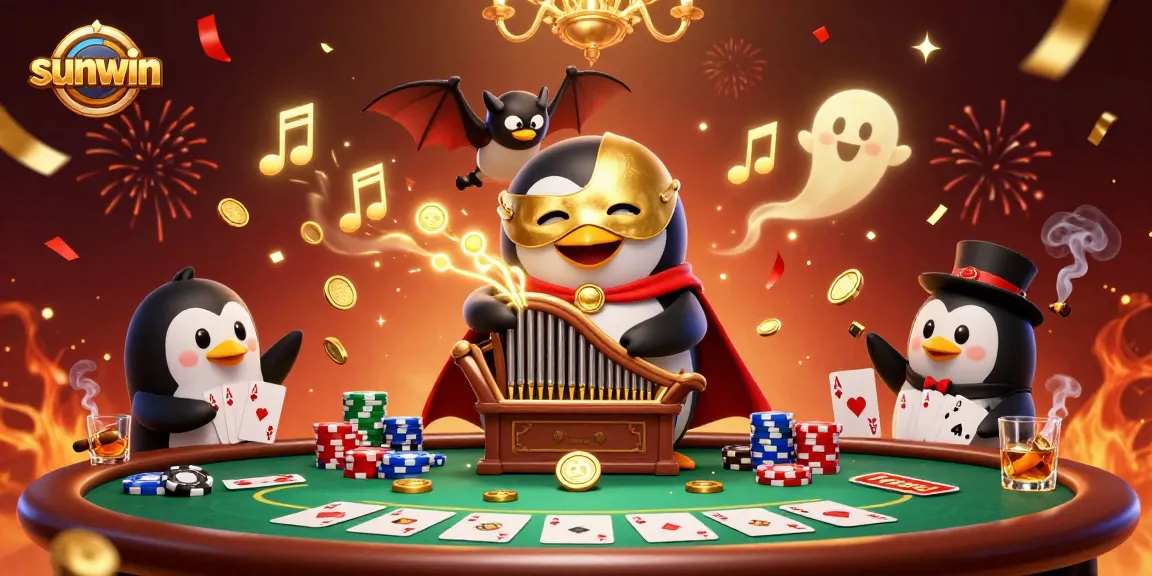 Experience exciting gameplay with sunwin's phantom penguin and bat acrobat in this vibrant casino scene.