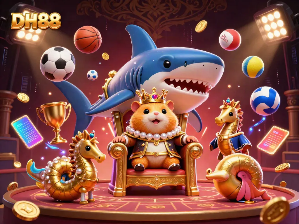Experience thrilling gameplay at DH88 with a 3D casino scene featuring a legendary golden hamster king and dynamic sports betting elements.