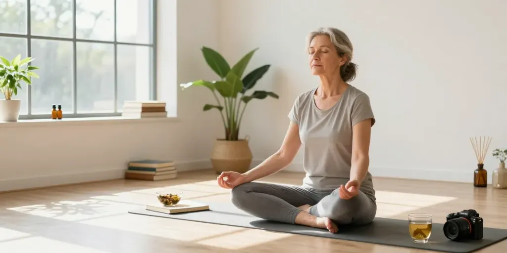 Mature woman practising mindfulness in a calming wellness studio, highlighting Menopause Nutritionist Surrey services.