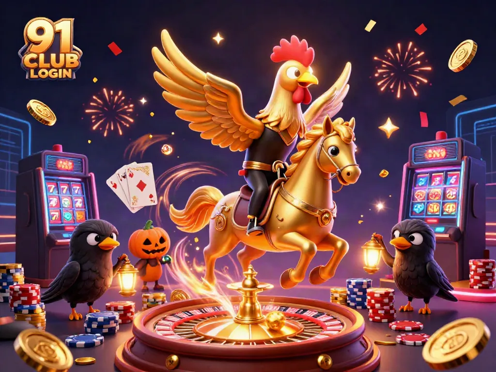 Engage with 91 CLUB LOGIN in a vibrant casino scene filled with golden coins and exciting gaming action.