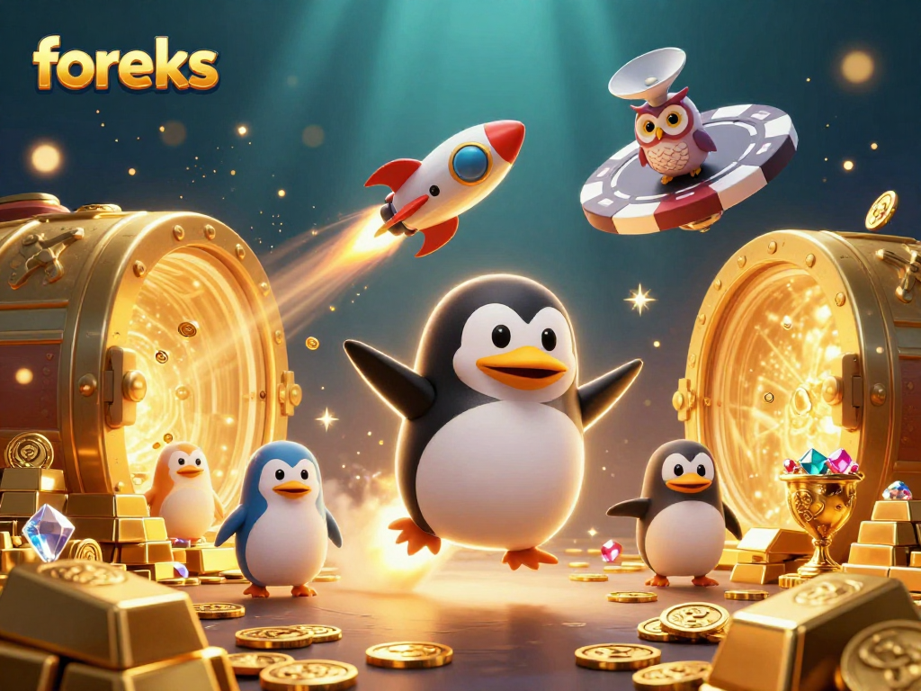 Experience the excitement of foreks as the golden penguin ventures towards a vibrant casino!