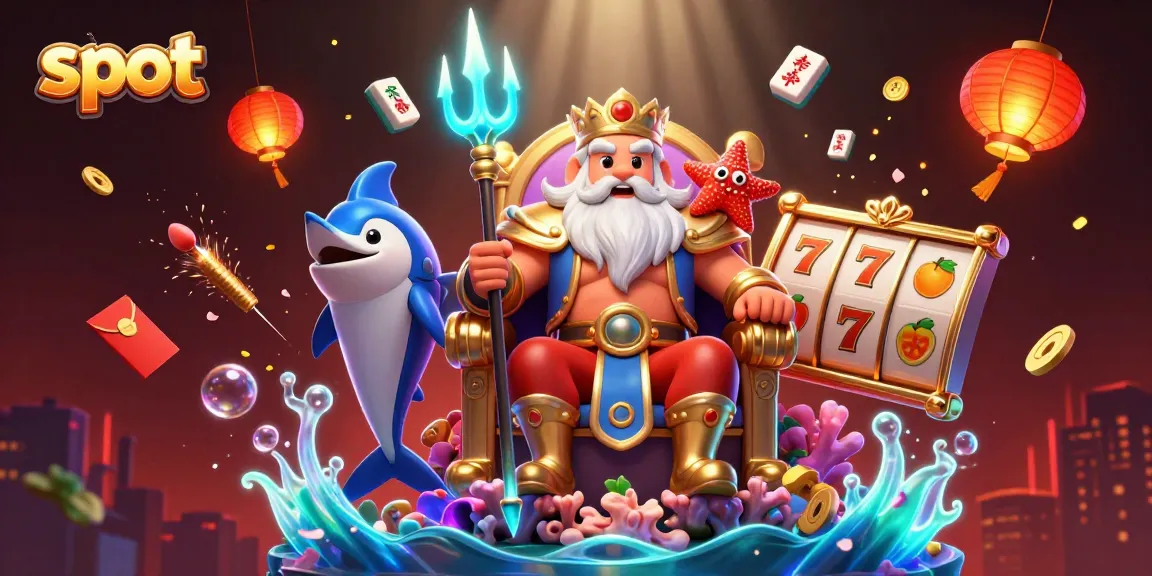 Spin the slot machines in a vibrant 3D casino scene filled with colorful characters and lucky elements