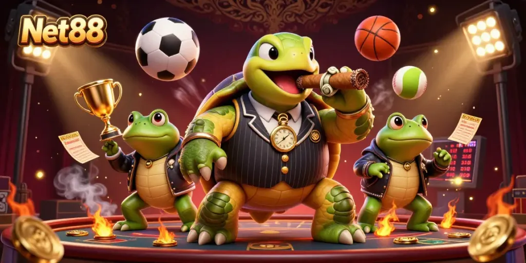 Net88 casino experience showcases a snapping turtle and bullfrog enforcers amidst dynamic sports elements.