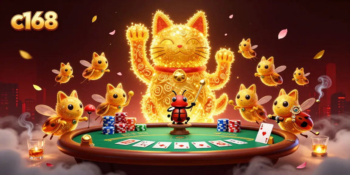 Experience winning moments at c168 with vibrant casino elements and a lucky cat in action.
