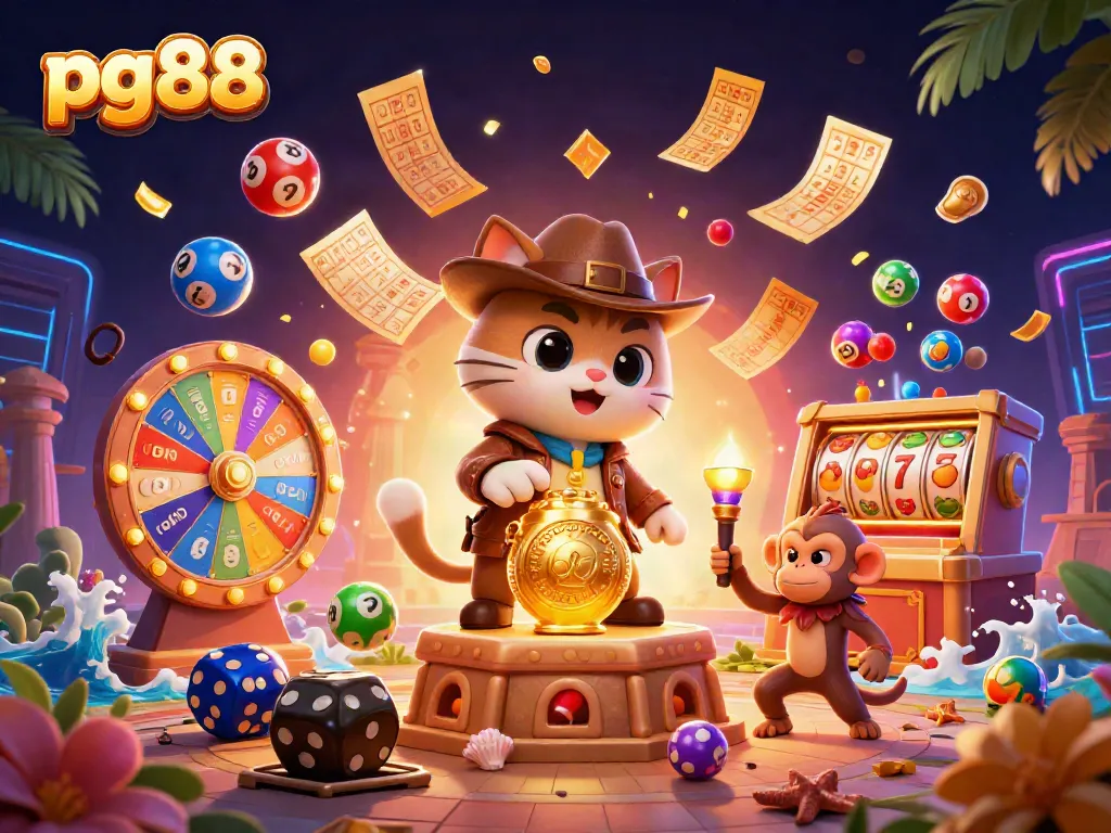 Engage in the thrilling world of pg88 where a cat explorer discovers casino treasures amidst vibrant lottery and game elements.