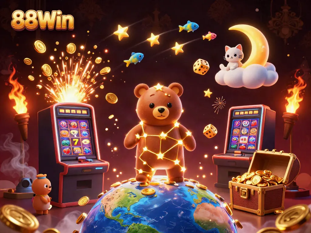 Experience the thrill of 88Win with a dazzling jackpot scene featuring golden stars and vibrant casino elements.
