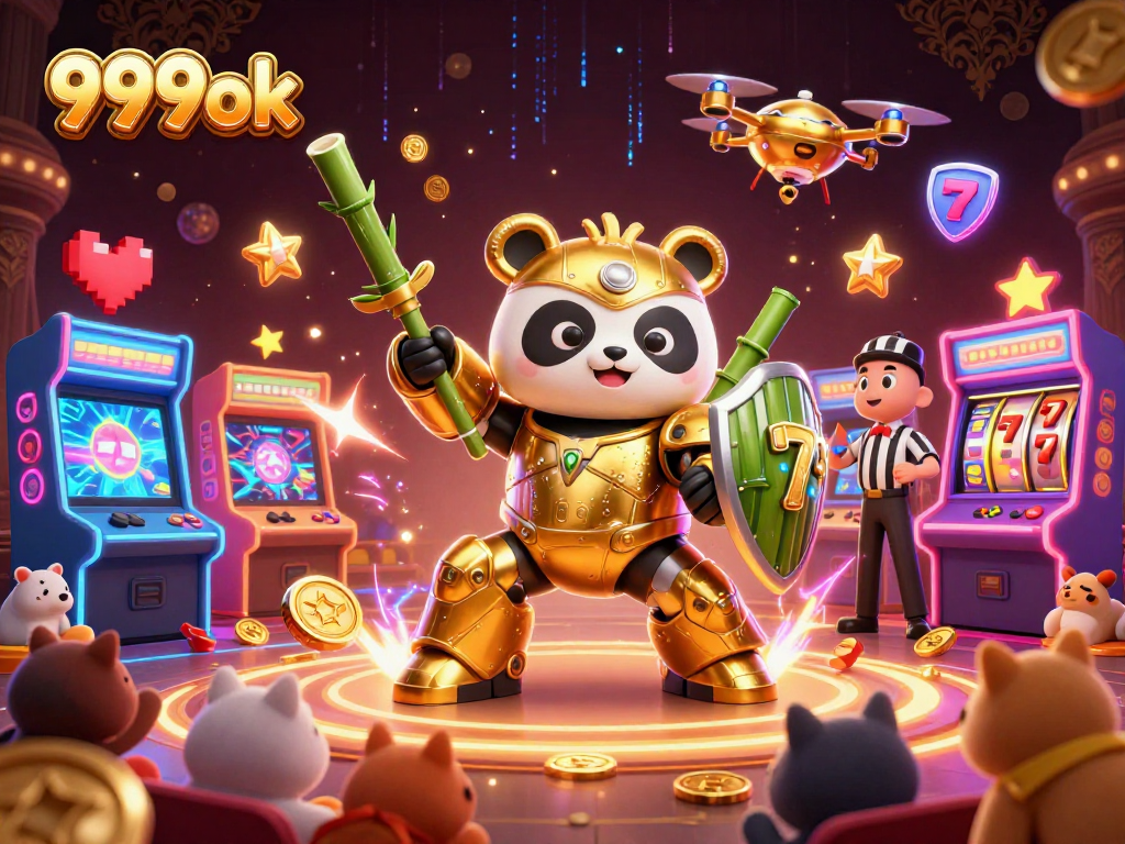 Experience the thrilling atmosphere of 999ok casino with vibrant arcade elements and captivating characters.