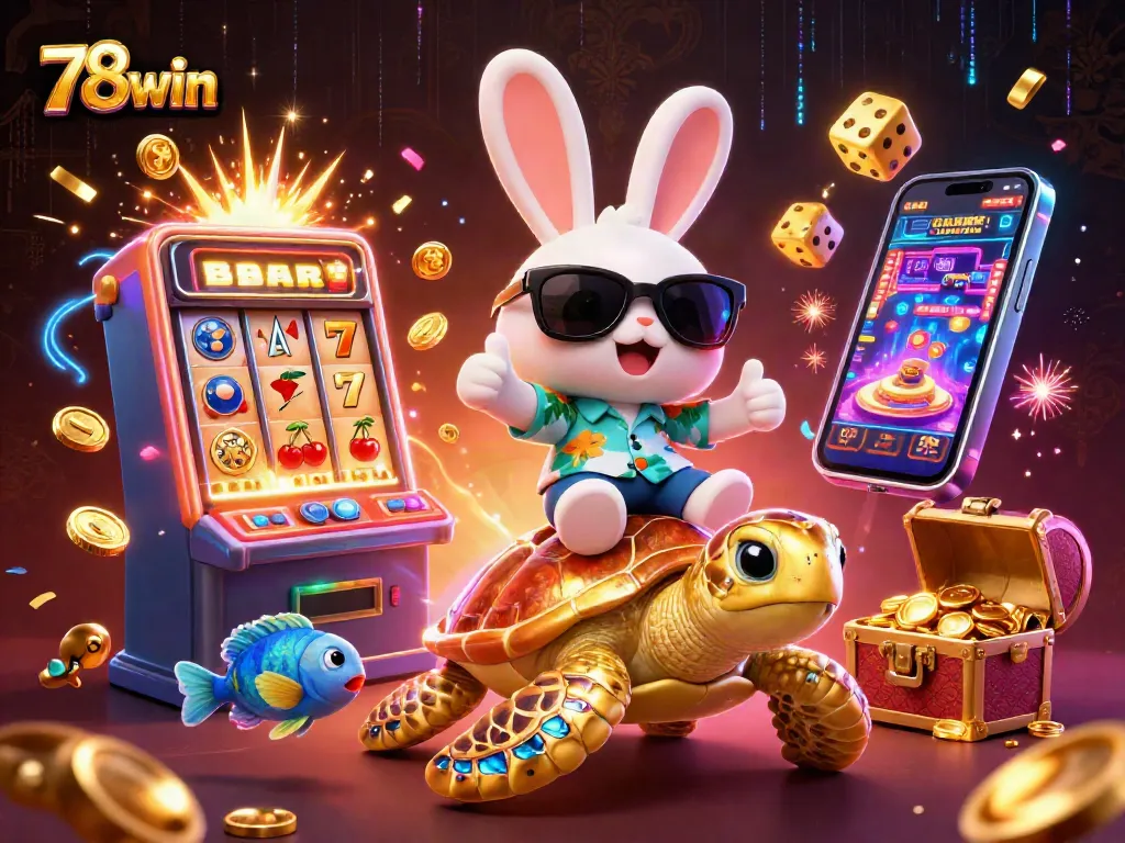 Engage with 78win's vibrant casino world featuring a lucky rabbit and a golden turtle.