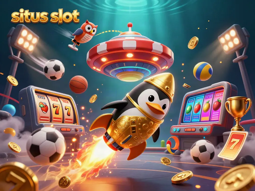Experience the thrill of situs slot with a golden penguin and poker chip casino in a cosmic journey.