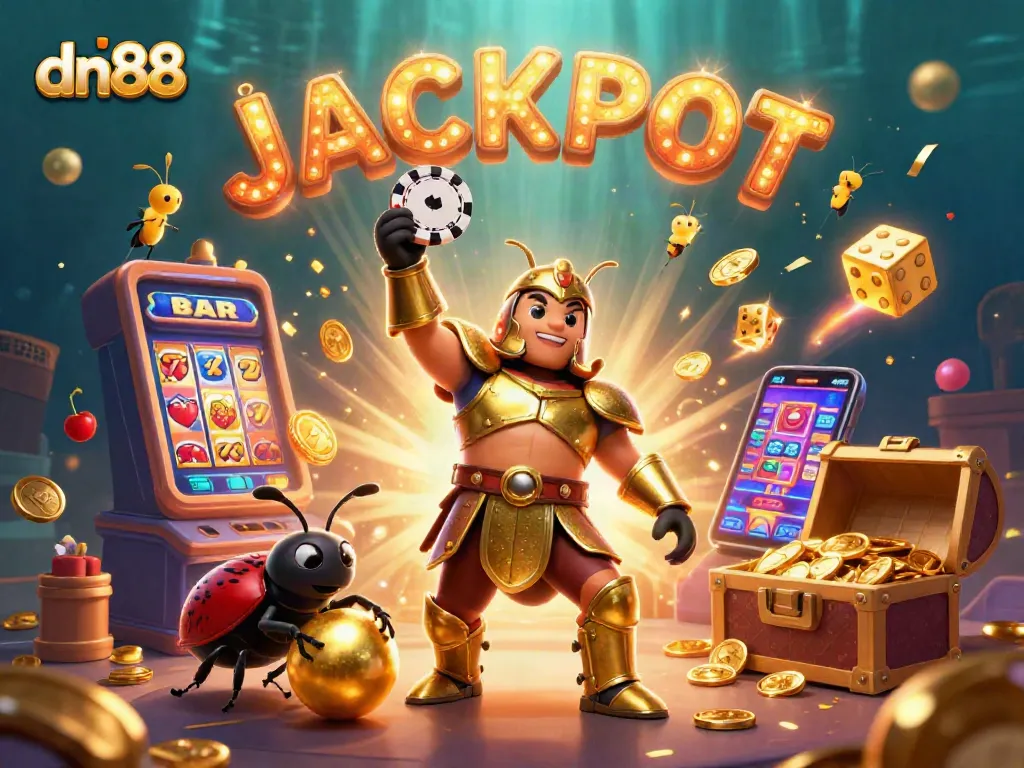 Experience the excitement of dn88 with a lively jackpot scene featuring animated characters and casino elements.