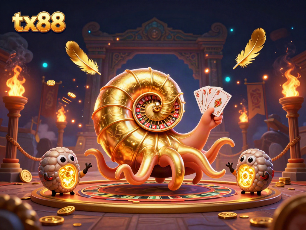 tx88 showcases vibrant casino magic with a giant nautilus roulette wheel and glowing ammonites.