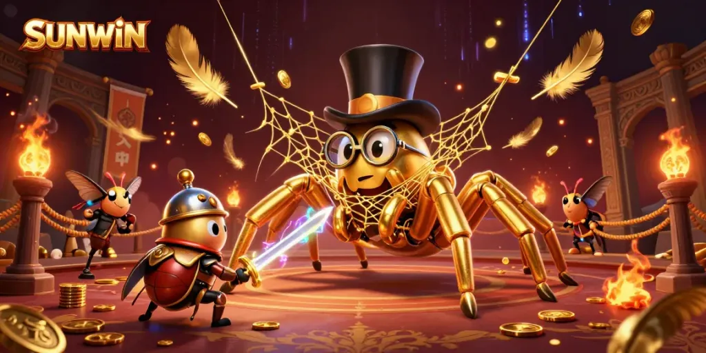 Engaging SUNWIN gaming scene with a golden tarantula and a beetle knight in a vibrant, dynamic casino environment.