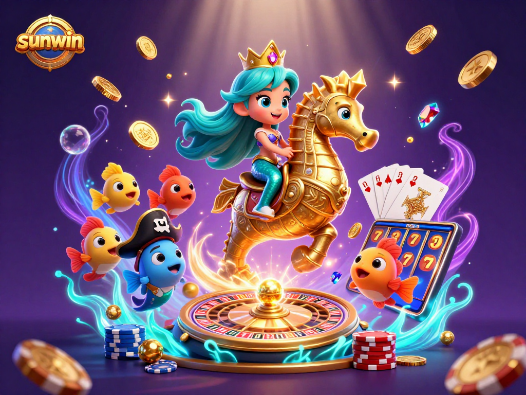 Experience the thrill of sunwin gaming with a vibrant mermaid and giant seahorse, surrounded by classic casino symbols.