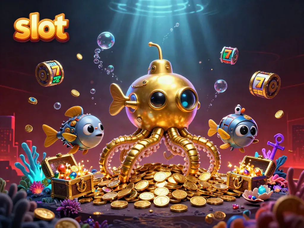 Spin the slot reels with golden coins and treasures in this lively casino scene.