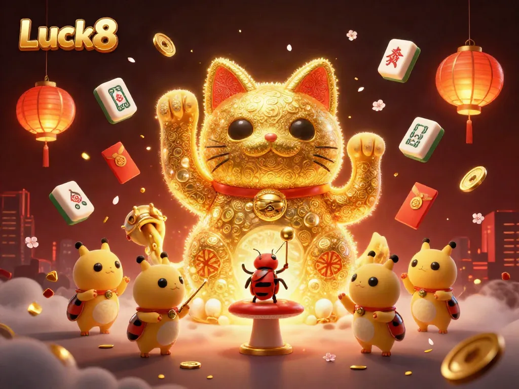 Luck8 features a giant lucky cat made of fireflies in a vibrant casino scene, celebrating big wins.