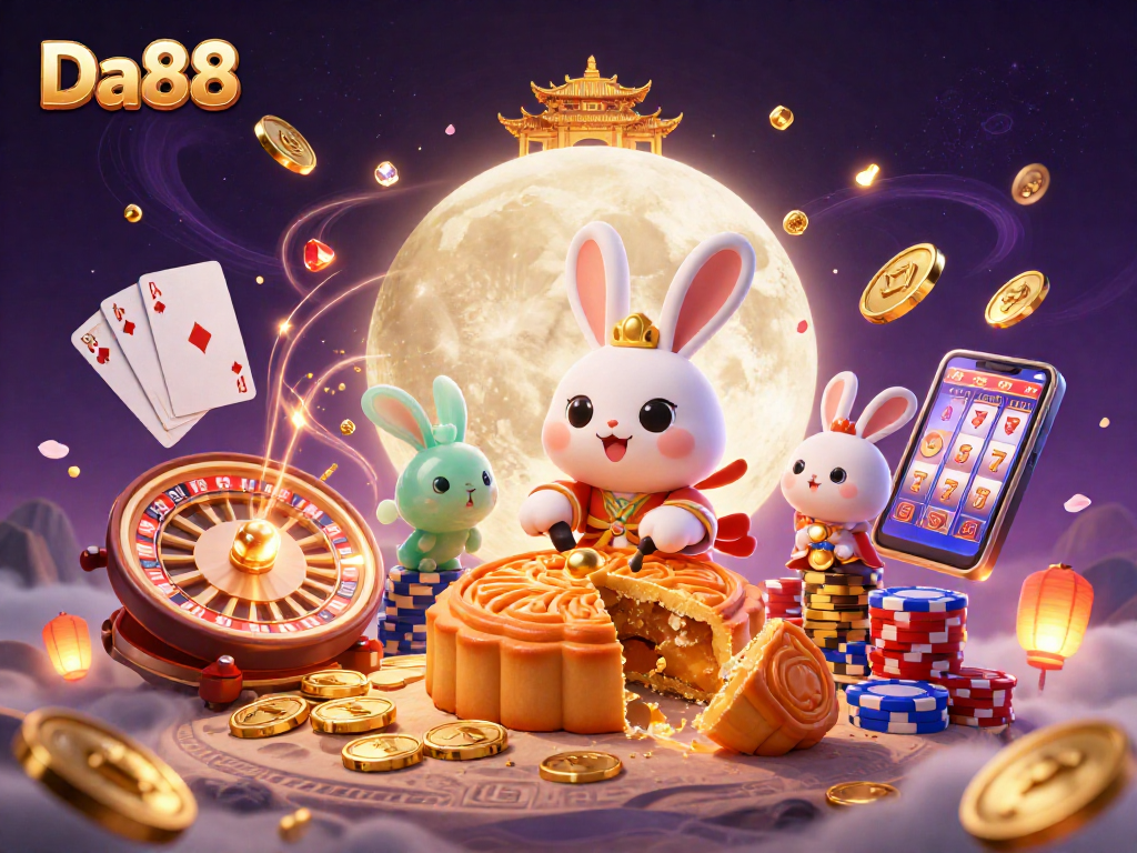 Engage in thrilling gameplay at Da88 with vibrant 3D casino elements and festive lunar characters.