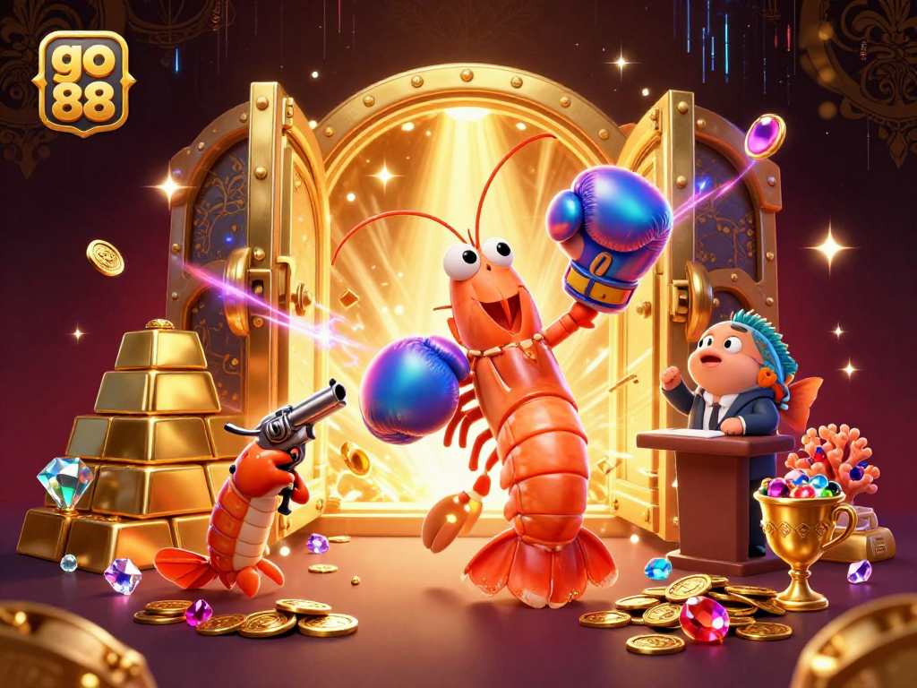 Experience electrifying action with go 88 in a vibrant illustration featuring a mantis shrimp boxing champion amidst dazzling casino treasures.