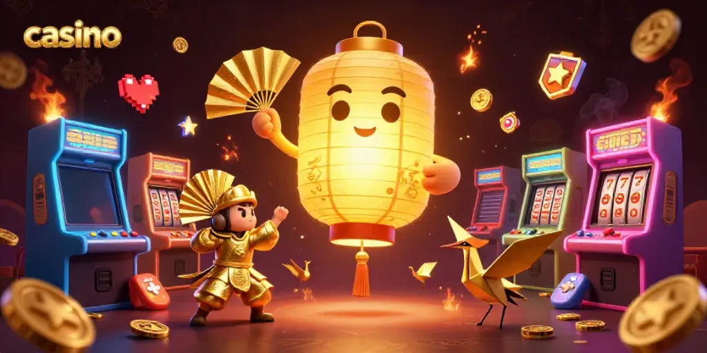 Casino gaming scene featuring a golden lantern spirit with allies, filled with vibrant arcade elements.