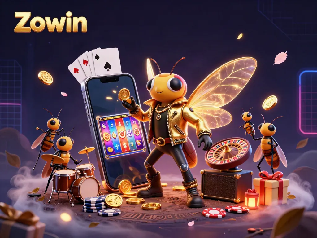 Zowin slot game comes alive with a rock star and vibrant casino elements.