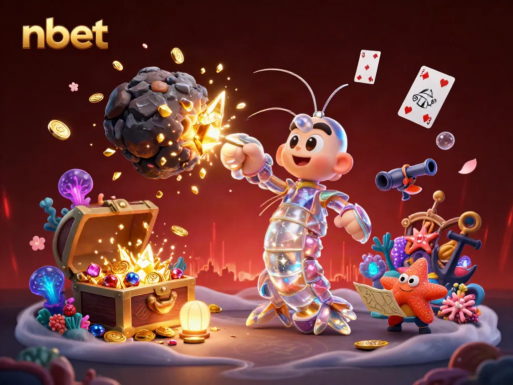 Engage with nbet's thrilling gaming, showcasing adventurous samurai shrimp and treasure amidst glowing casino elements.