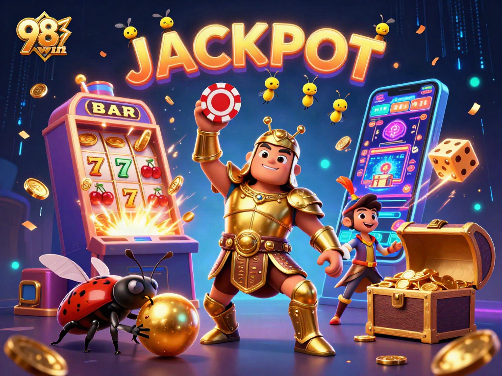 Join the excitement at 98win with a vibrant 3D illustration of a winning scene full of casino action.