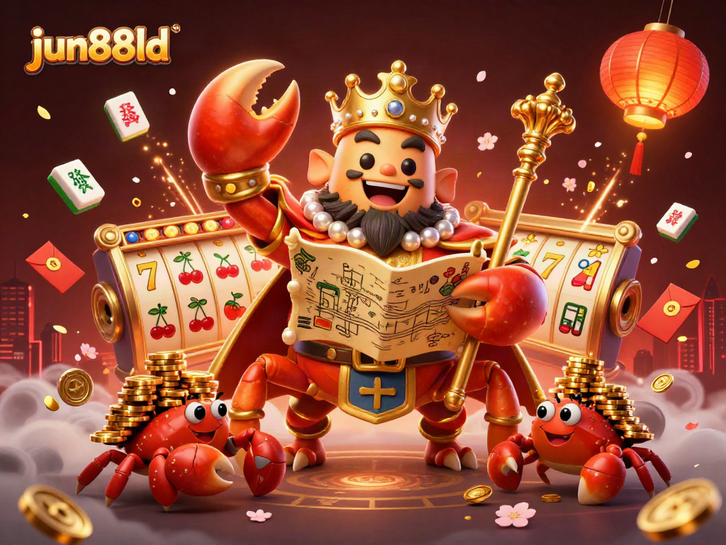 Engage with jun88ld's vibrant casino scene featuring a golden crab emperor amidst thrilling slot reels and festive elements.