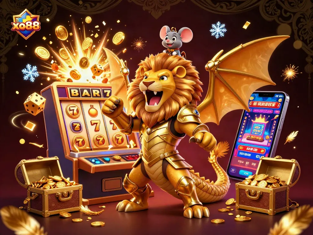 Engage in thrilling jackpots at xo88 while the chimera and mouse jockey celebrate amidst a bounty of riches.