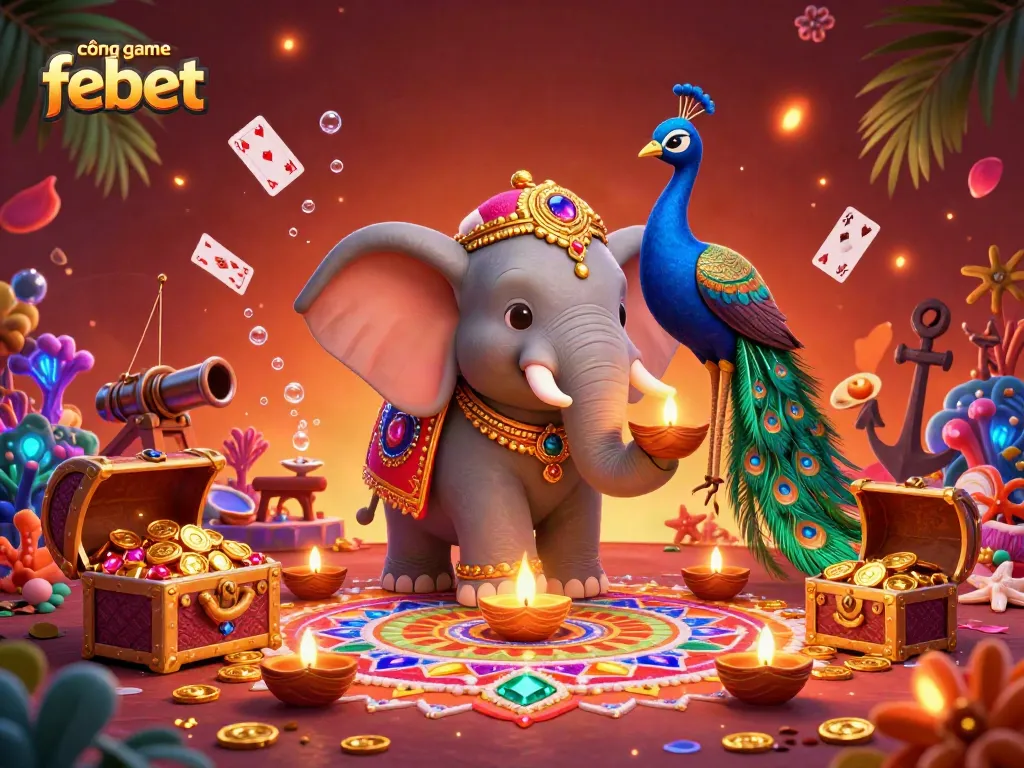 Engage in thrilling gameplay at cổng game febet with a vibrant scene featuring Diwali-themed characters amidst dazzling casino elements.