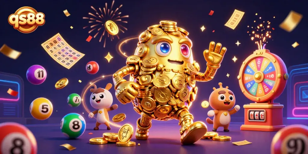 Experience the vibrant qs88 gaming world with colorful lottery balls and golden treasures.