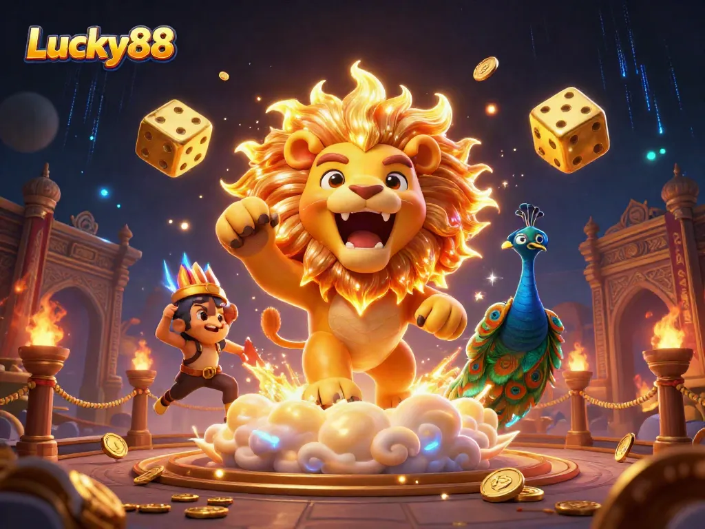 Engage with the thrilling adventures of Lucky88, showcasing vibrant casino energy and captivating game elements.