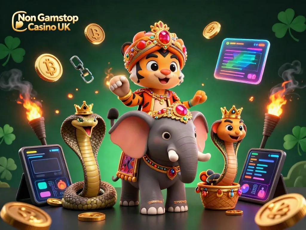 Engage with the Non Gamstop Casino UK through vibrant 3D casino illustration featuring a majestic tiger and glowing crypto elements.