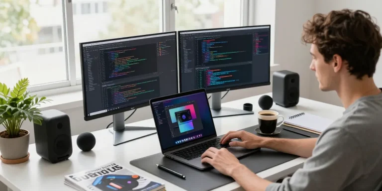 Tech enthusiast using an M5 MacBook in a modern workspace with vibrant code displays and ergonomic design.