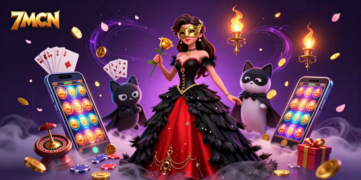 Engage with 7MCN’s vibrant casino scene featuring a stunning woman with a golden rose amidst dynamic gaming elements.