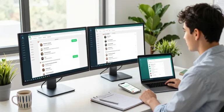 Team member utilizing WhatsApp下載 on desktop and smartphone in modern office setting.