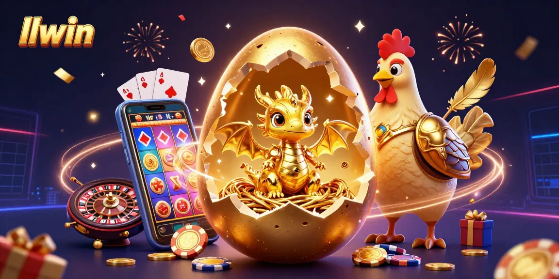 Experience thrilling gaming excitement with llwin's vibrant casino atmosphere, featuring golden dragon and poker chips.