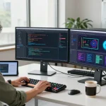 AI developer engaged in creating juicy ai software in a modern workspace with vibrant coding screens.