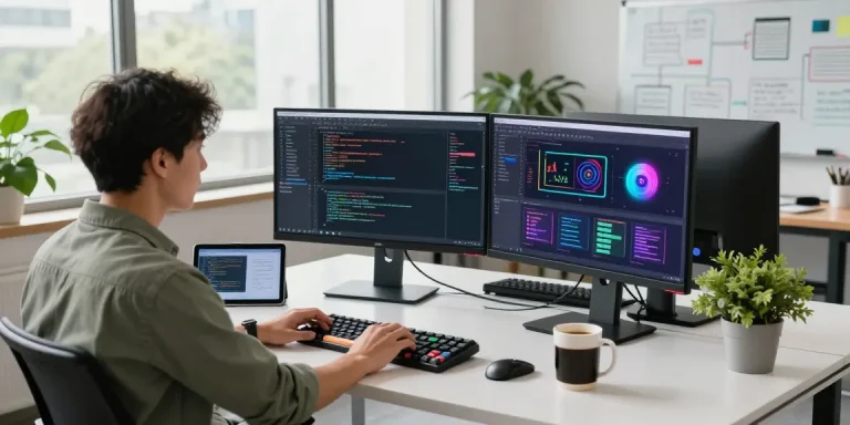 AI developer engaged in creating juicy ai software in a modern workspace with vibrant coding screens.
