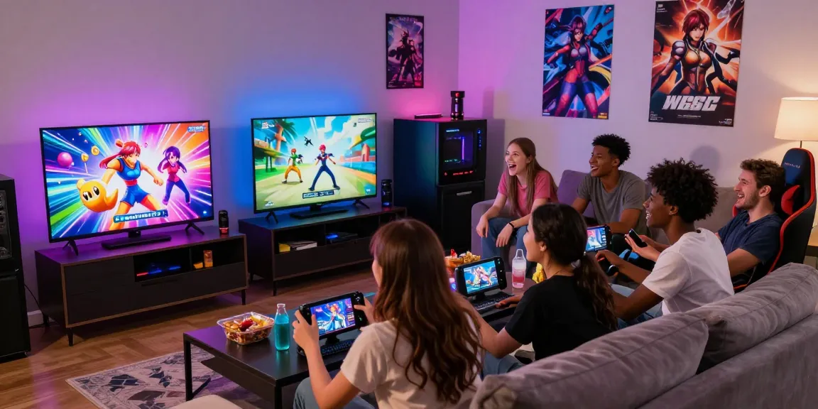 Group of friends enjoying game hentai on console in vibrant living room.