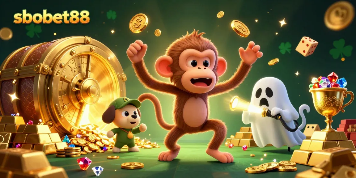 Engage with sbobet88 as a mischievous poltergeist monkey juggles treasures in a haunted casino scene.