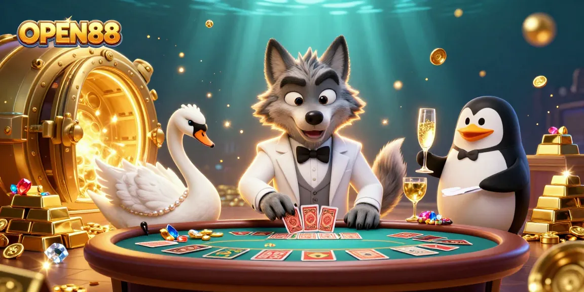 Experience the thrill of OPEN88 with a playful wolf, swan dealer, and penguin sommelier in an exciting casino scene.