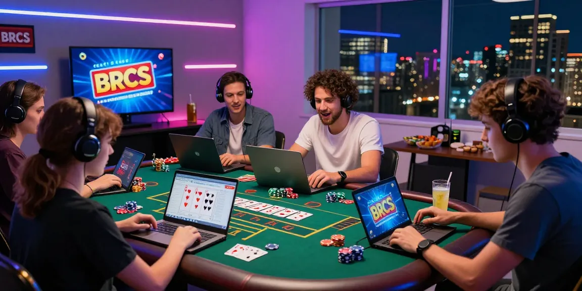 Engaging scene of friends playing BRCS credit card casinos online, surrounded by gaming elements and vibrant city view.