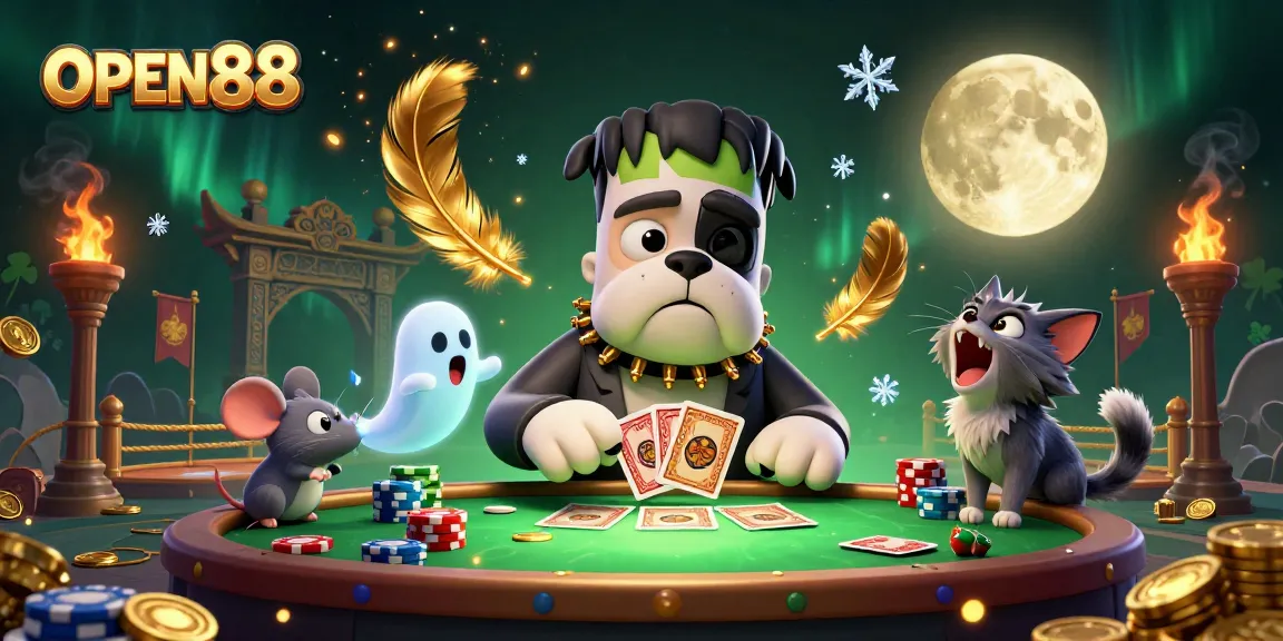 Experience the thrill at OPEN88 with a Frankenstein bulldog dealing cards at a vibrant casino table.