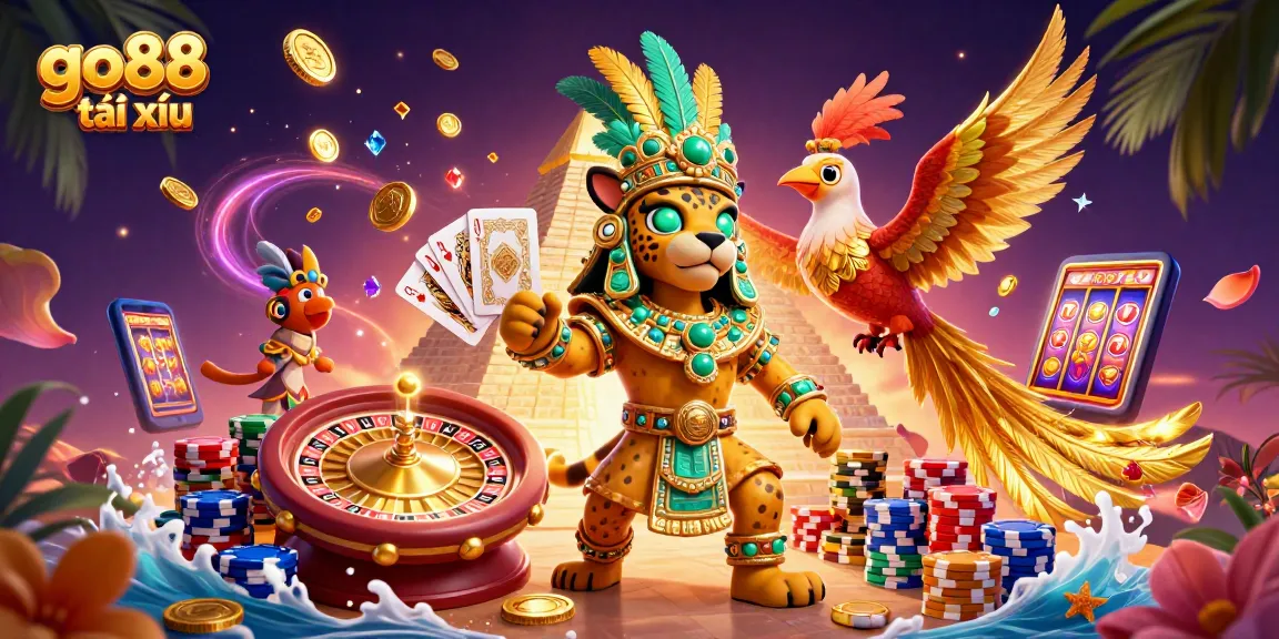 Experience the thrilling world of go88 tài xỉu at a vibrant casino, with energetic characters and game elements.