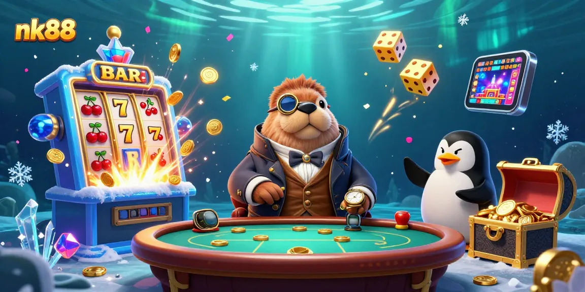 Win big with nk88 at an underwater casino featuring a walrus, penguin dealer, and pufferfish player.