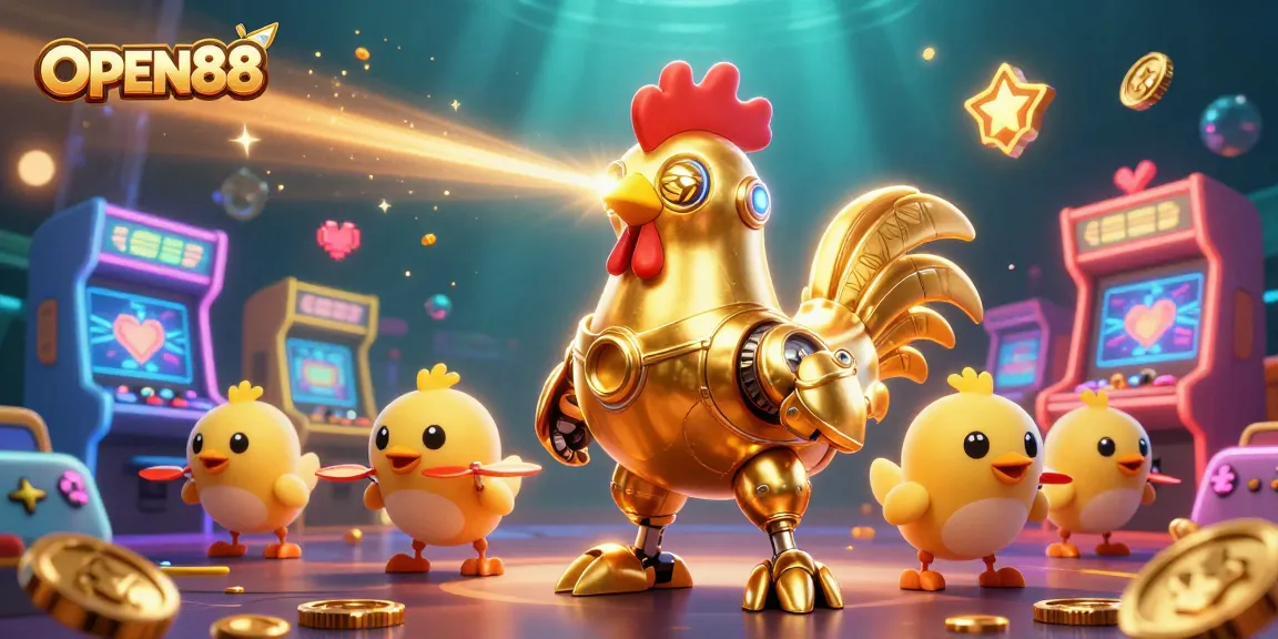 Play exciting games at OPEN88 with a stunning 3D casino illustration featuring a futuristic golden rooster.
