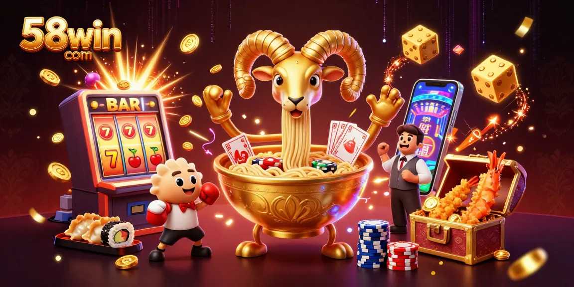 Experience excitement with 58win com in a vibrant casino-themed illustration featuring dynamic characters.